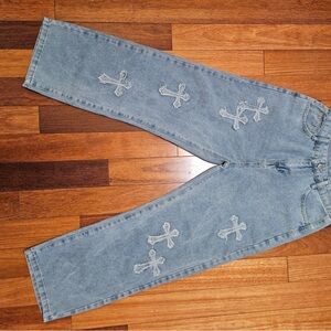 Women's Light Blue Straight Leg Jeans with Cross Embroidery